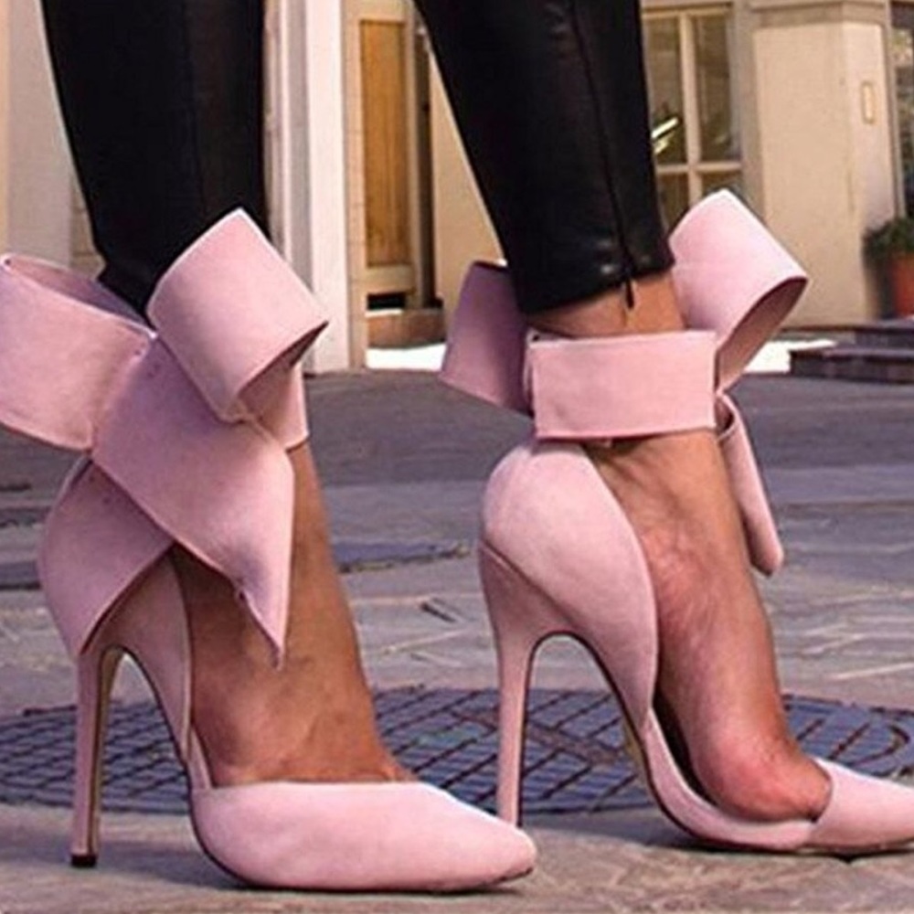 Pink Pointed-Toe Stiletto Heels with Ankle Bow - Picture 3 of 4